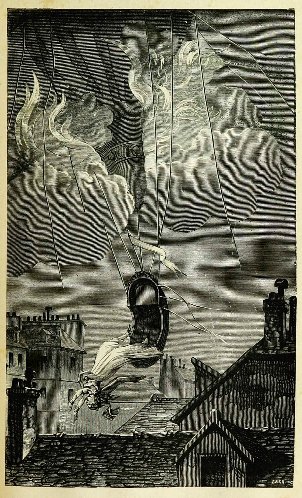 Death of French aeronaut Madame Sophie Blanchard after fireworks ignited her balloon, Paris, 1819. Woodblock engraving. From Louis Figuier’s “Les Merveilles de la Science: Aerostats” (Marvels of Science: Air Balloons), Paris : Librairie Furne, Jouvet et Cie., 1867. | src old book illustrations and internet archive