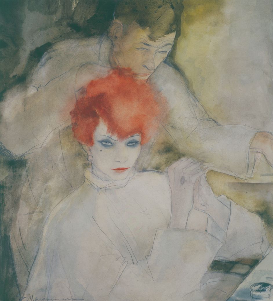 Jeanne Mammen :: Die Rothaarige | The Redhead (Thoughts at the Hairdresser's), um 1928. Drawing, watercolour and pencil on paper. | src Berlinische Galeri