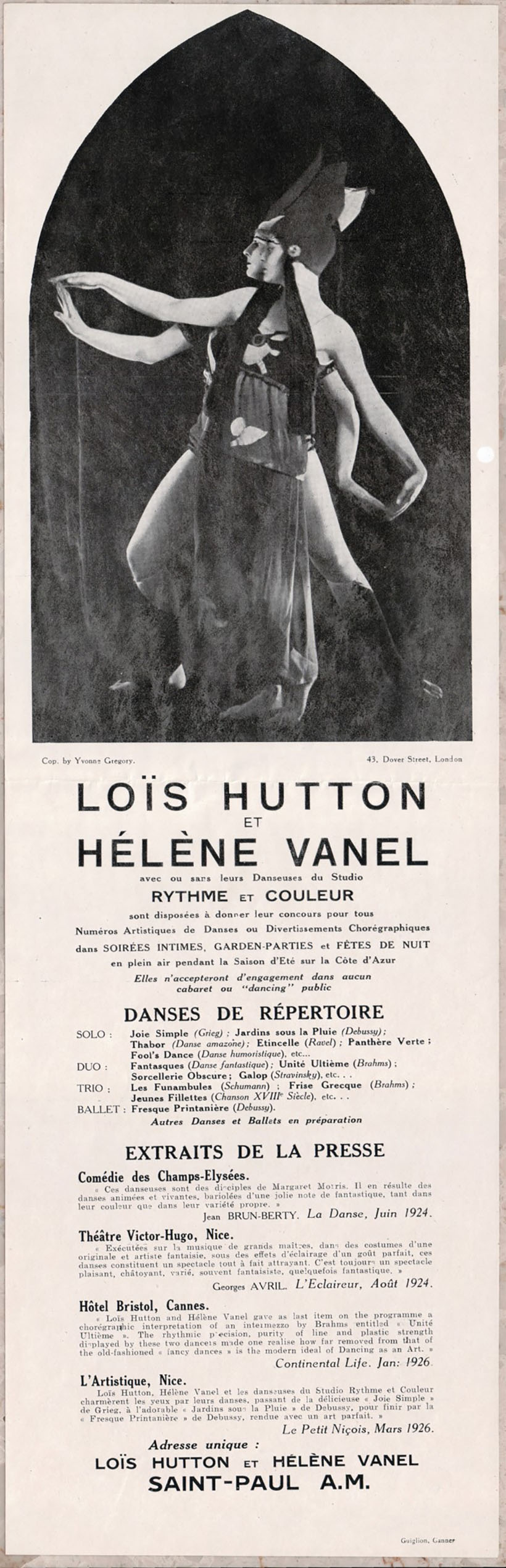 A flyer advertising Loïs Hutton and Hélène Vanel, and the Studio Rythme et Couleur. © Yvonne Gregory. Retrived from The dancers of Saint-Paul