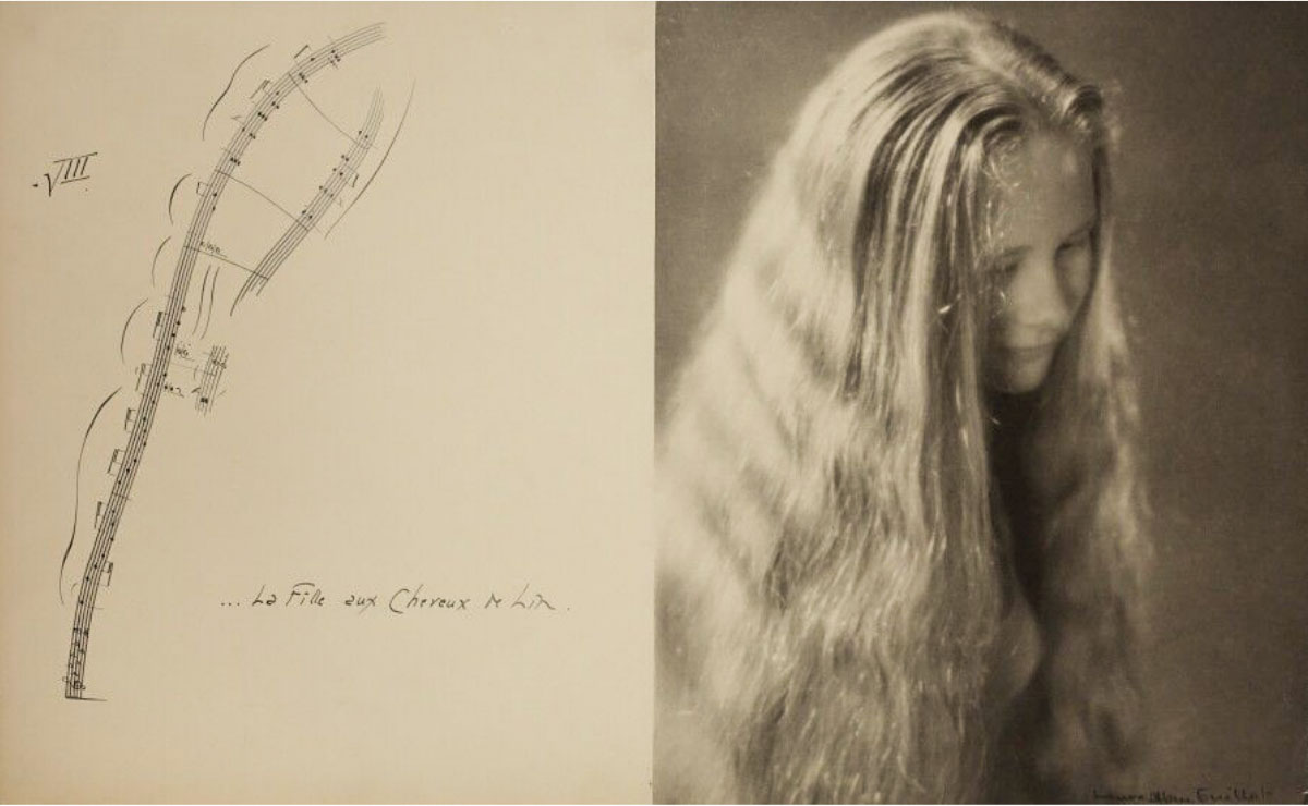 Laure Albin-Guillot :: La fille aux cheveux de lin, 1948, tirage au charbon. À gauche se trouvent dessinées les notes introductives et le titre du Prélude illustré; à droite, le tirage au charbon illustratif. Au recto, à l'intérieur de la page double, à gauche, portée calligraphiée avec la mention "Très calme et doucement expressif"; au recto, à l'intérieur de la page double, à gauche, titre calligraphié: "La Fille aux Cheveux de Lin". Cet ensemble constitue la huitième des 23 illustrations du port-folio intitulé Illustrations pour les Préludes de Claude Debussy. | src Musée français de la Photographie