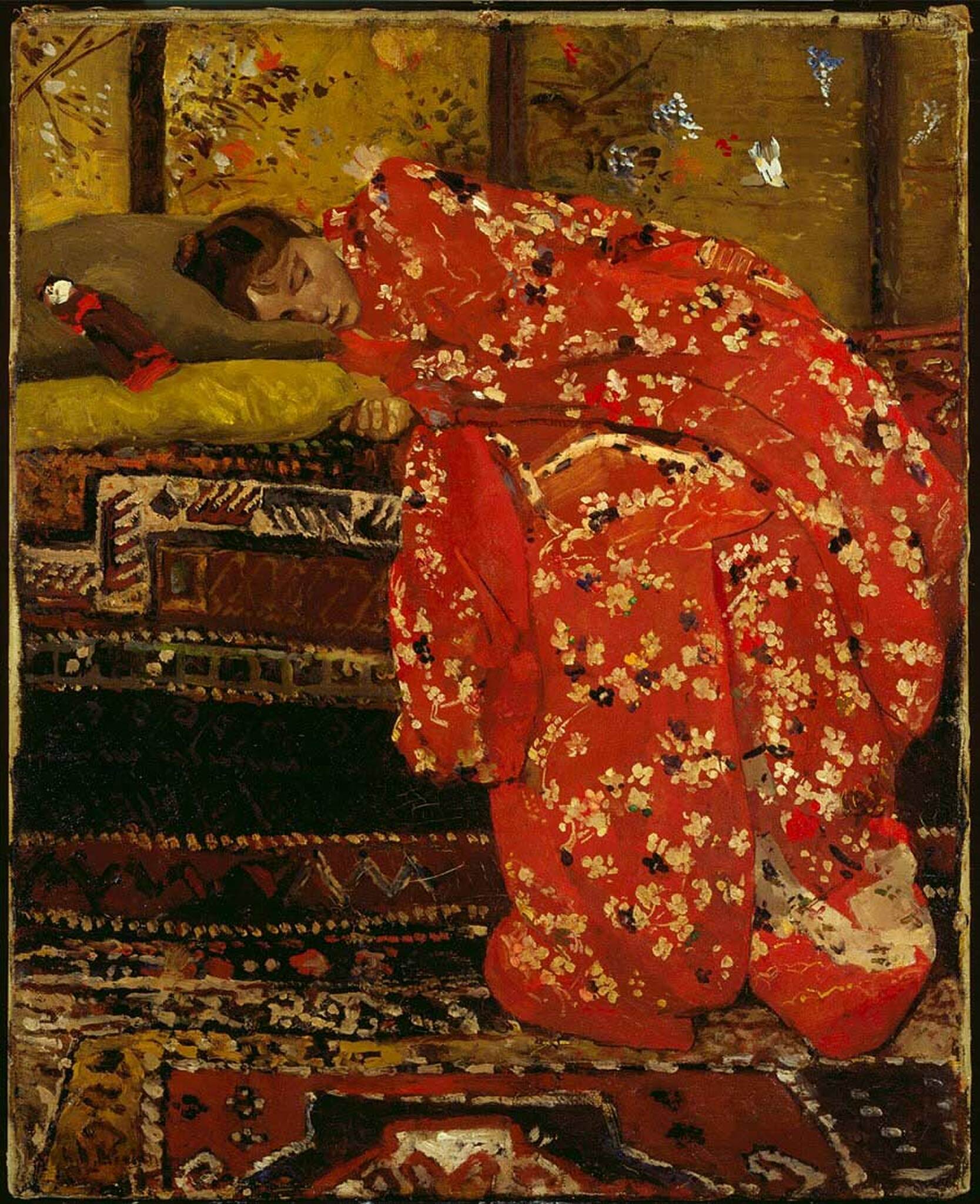 George Hendrik Breitner :: Girl in a red kimono (Geesje Kwak) | Meisje in rode kimono, links gedraaid; oil on canvas, ca. 1893. | src Beverly A. Mitchell