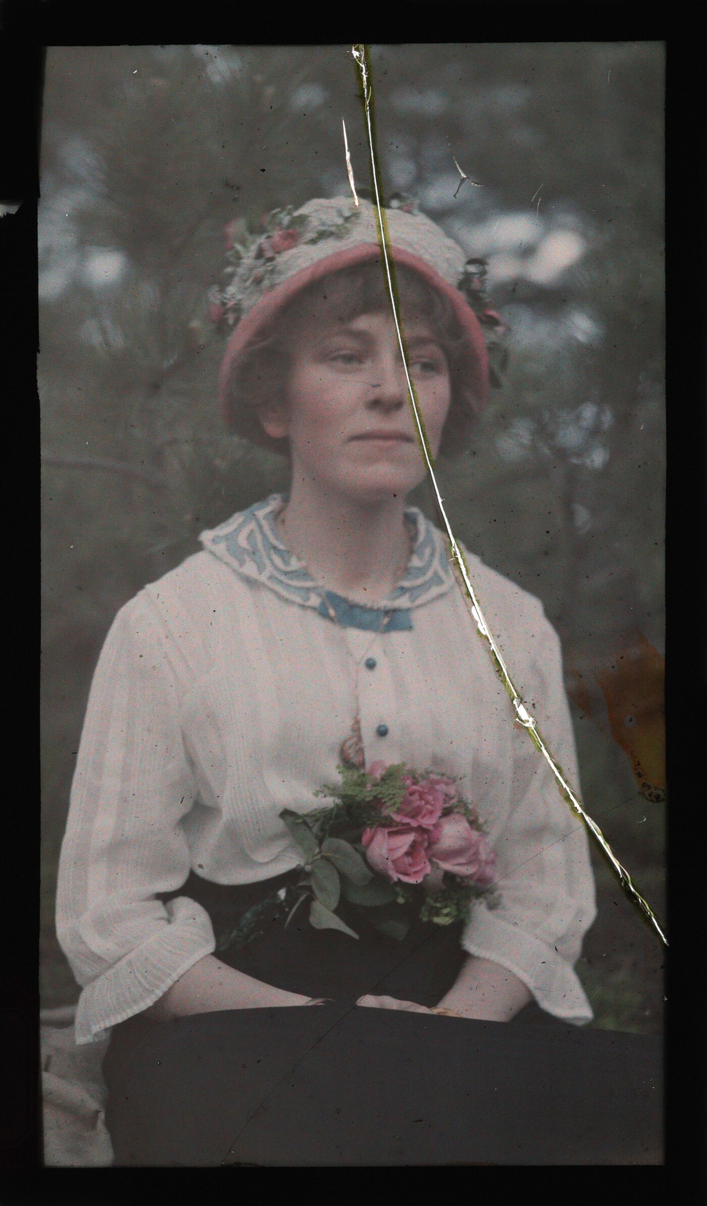 Laura Gilpin (1891-1979) :: [Woman wearing pink roses on her hat and dress], ca. 1910s. Autochrome. Amon Carter Museum