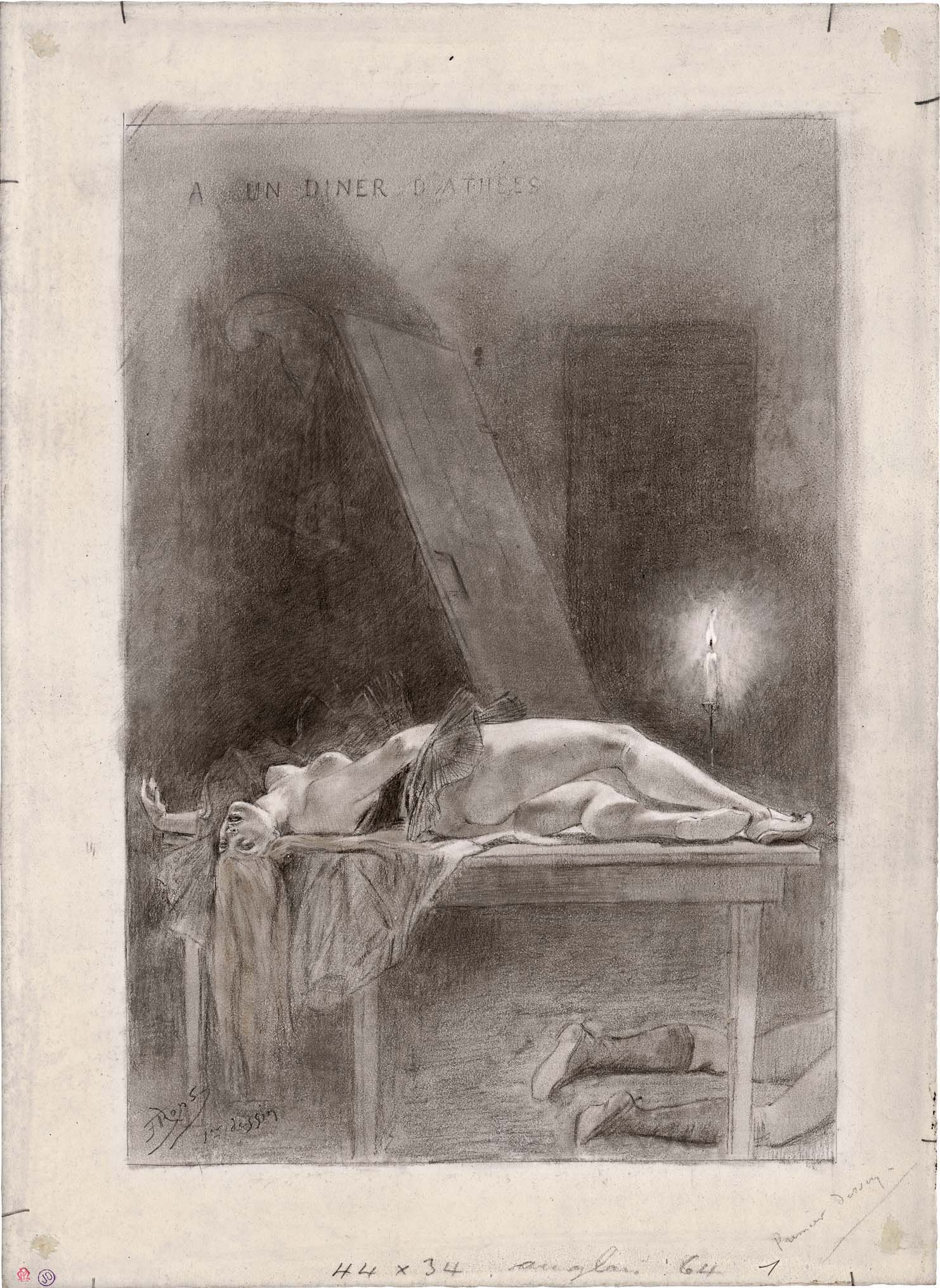 Félicien Rops :: À un dîner d'athées (The Dinner of the Atheists). Graphite, pencil and brown chalk, partly wiped, erased and scratched, on white primed paper, drawn up. Around 1883-85. | src Bassenge Auktionen 