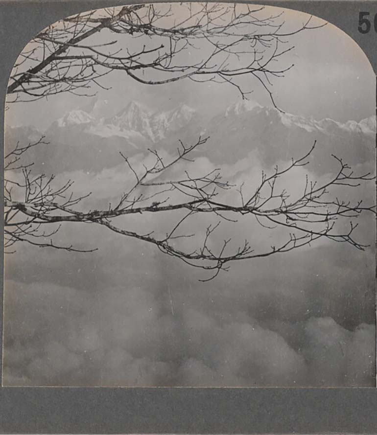"The Roof of the World" - The Majestic Himalayas Raising in Matchless Splendor Above the Sea of Clouds to Greet the Morning Sun, Northern India; ca. 1920. First half of the stereo card | src Amon Carter Museum