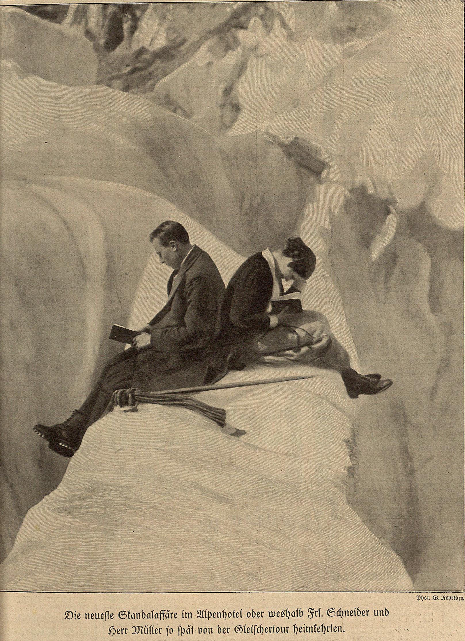 «Die neueste Skandalaffäre im Alpenhotel oder weshalb Frl. Schneider und Herr Müller so spät von der Gletschertour heimkehrten.» | The latest scandalous affair in the Alpenhotel or why Miss Schneider and Mr Müller returned home from their glacier tour so late. Zeitschrift für Humor und Kunst. Meggendorfer-Blätter nº 1230, 23 juli 1914. [Illegible photographer’s name on lower right] | src Universitätsbibliothek Heidelberg