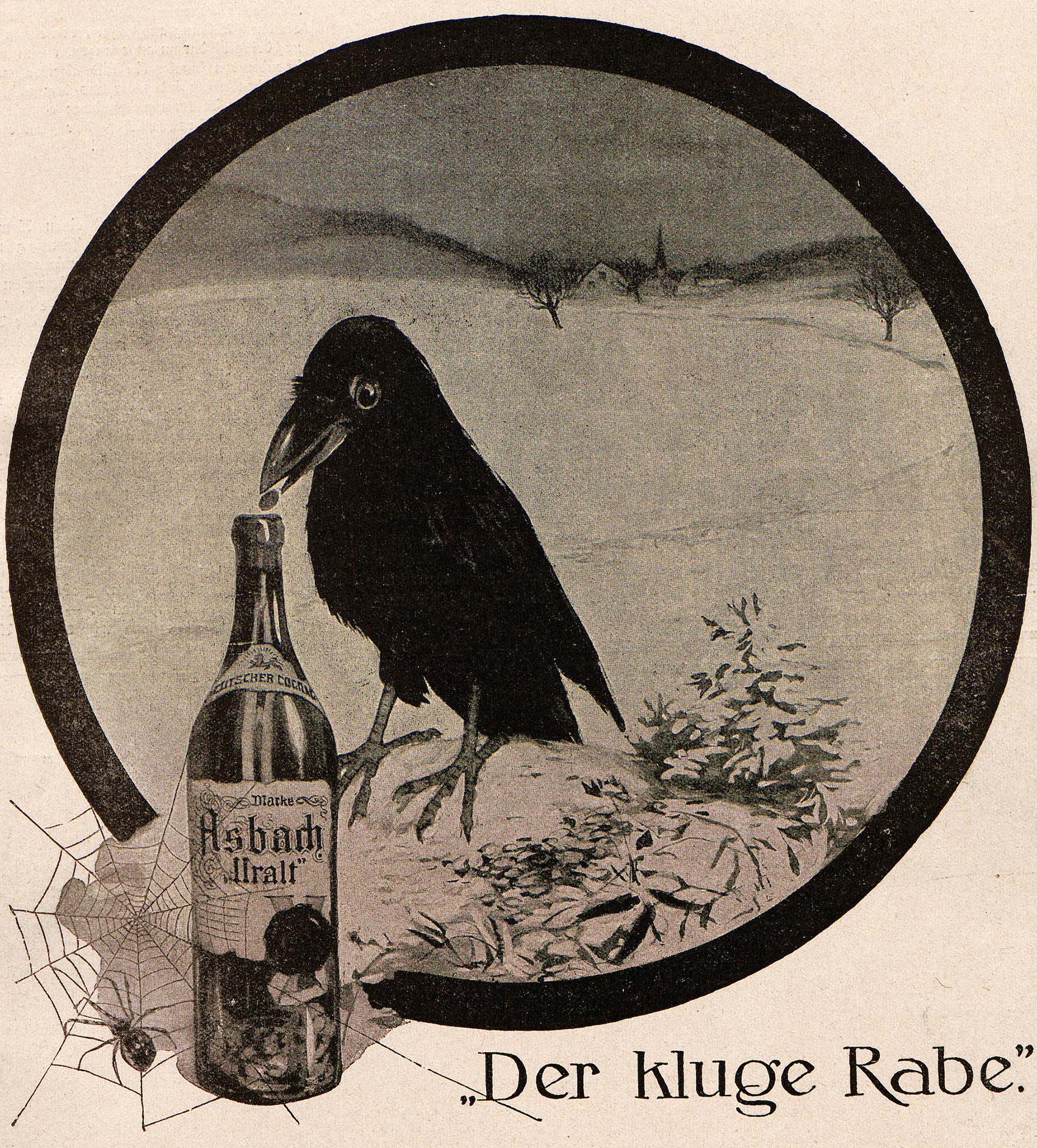 Cognac Asbach Uralt. Der kluge Rabe. Published in Jugend magazine, 1914. | src Heidelberg University Library