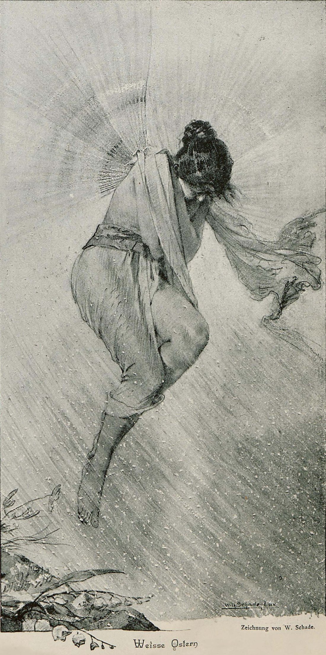 Weisse Ostern. Zeichnung von W. Schade. | White Easter. Drawing by W. Schade. | Jugend: Münchner illustrierte Wochenschrift für Kunst und Leben, 1927, Band 1 (Nr. 16). | src Universtitätsbibliothek Heidelberg