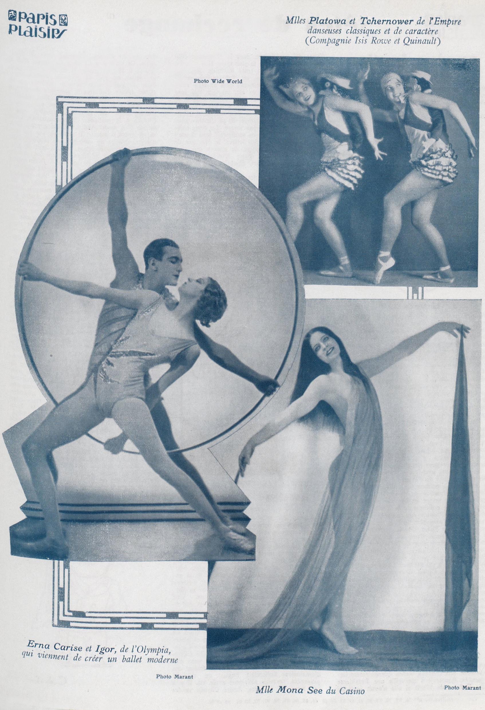 Various dancers: Mlles Platowa et Tchernower (Empire); Erna Carise et Igor; Mlle Mona (Casino). Paris-plaisirs revue mensuelle esthétique et humoristique, nº 97, Juillet 1930. Page 123. Photo credits: Marant and Wide World. | src BnF