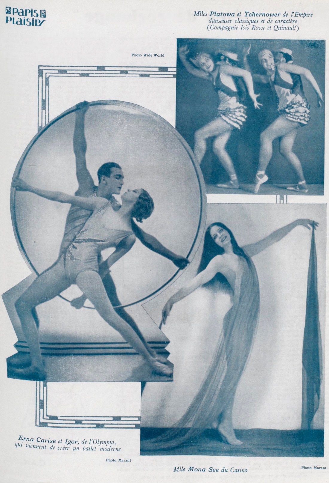 Various dancers: Mlles Platowa et Tchernower (Empire); Erna Carise et Igor; Mlle Mona (Casino). Paris-plaisirs revue mensuelle esthétique et humoristique, nº 97, Juillet 1930. Page 123. Photo credits: Marant and Wide World. | src BnF
