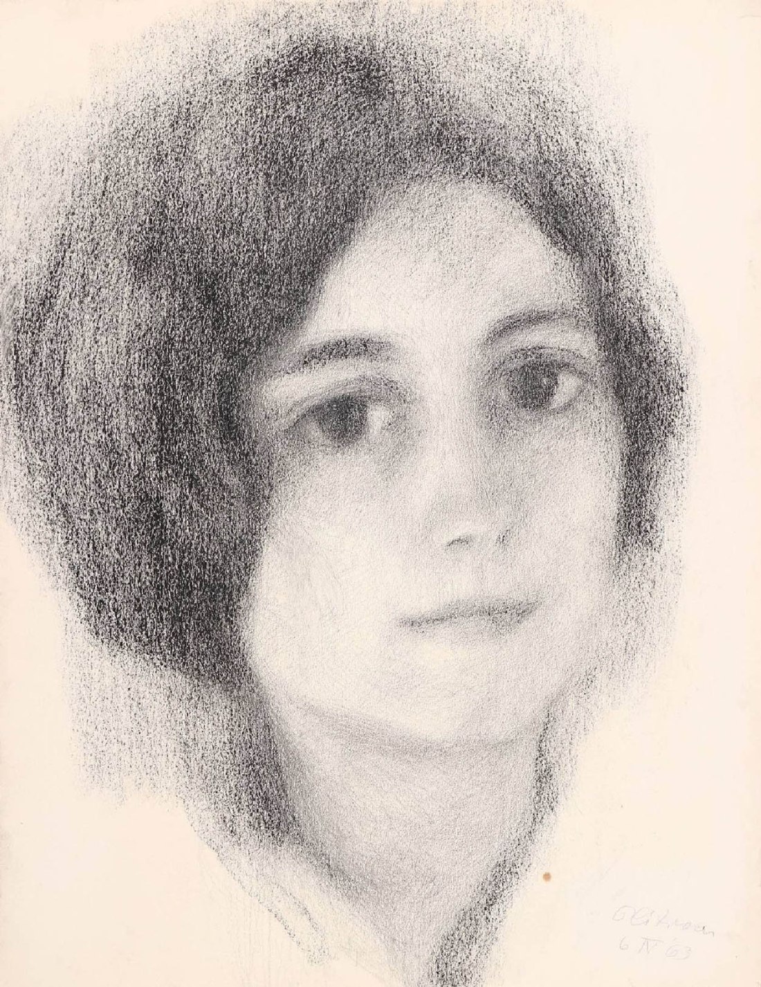 Roelof 'Paul' Citroen :: Portrait of a young woman. Black chalk on paper, signed l.r. and dated 6 IV '63. | src Simonis & Buunk
