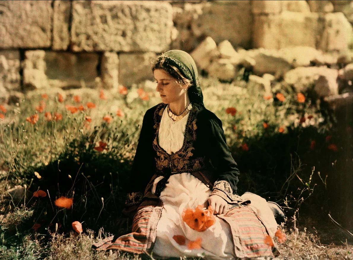 Maynard Owen Williams :: A 12-year-old girl poses outside her house in Cyprus. This color photo was one of 66 that accompanied a July 1928 article on the Mediterranean island. | src Nat Geo image collection