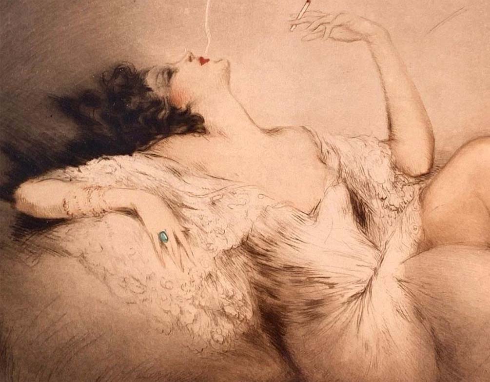 Louis Icart (1888-1950) :: Cigarette Memories,  1931, etching and aquatint with hand coloring, signed in pencil, with windmill blindstamp, inscribed in pencil "souvenirs," numbered in pencil 128. | src Bidsquare ~ Neue Auctions