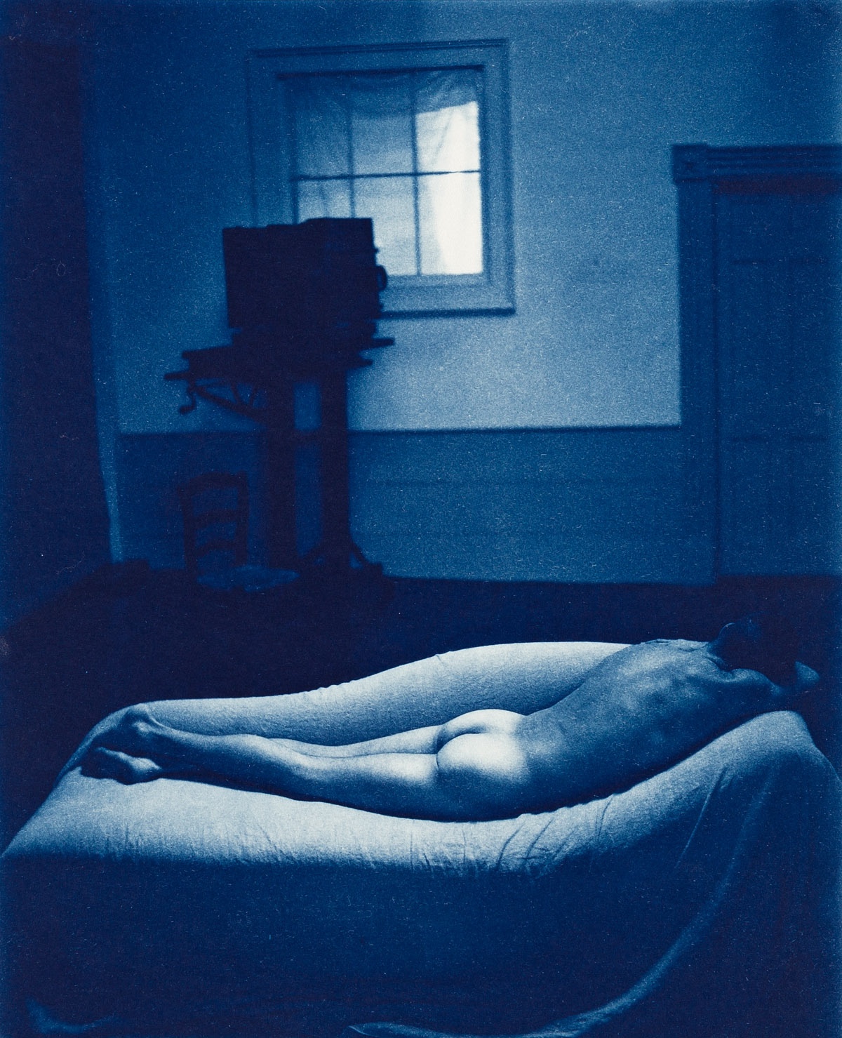 John Patrick Dugdale :: Studio Self Portrait on Recamier, Morton St., 1990. Cyanotype. | src Swann Galleries