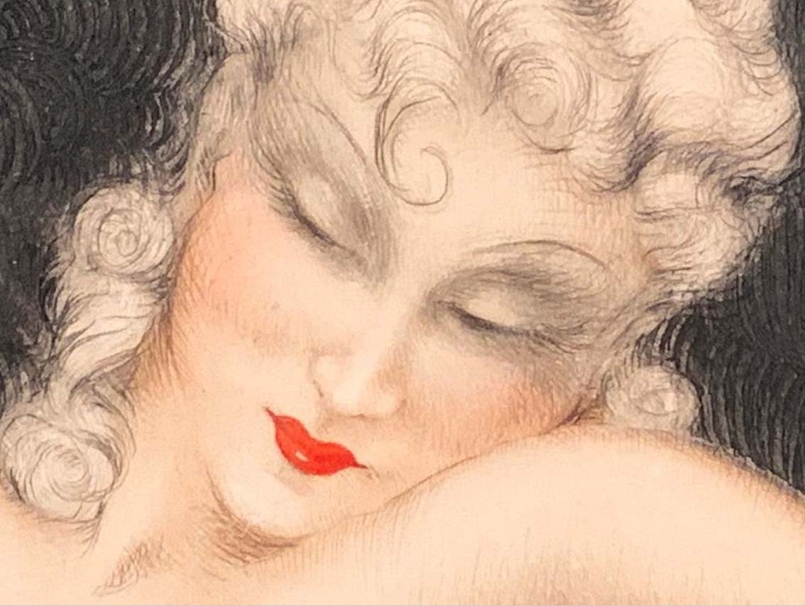Louis Icart (1888-1950) :: Leda and the Swan, 1934. Etching and aquatint with hand coloring, signed in pencil, lower right, with windmill blindstamp, copyrighted and dated on verso. [detail] | src Bidsquare ~ Neue Auctions