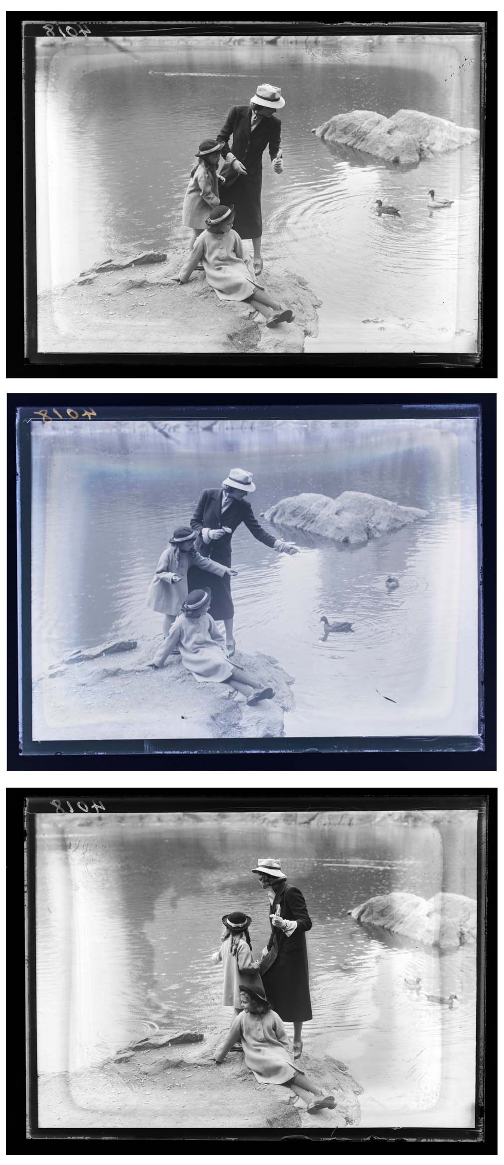 Martin Munkácsi :: [Woman and two children feeding ducks], 1937. Glass plate negatives. | src ICP