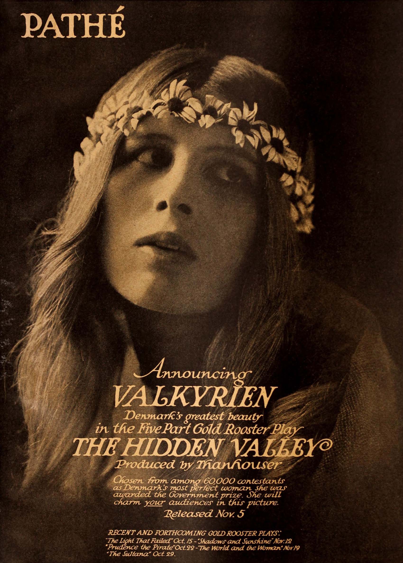 Valda Valkyrien [Adele Frede, Adele Freed] in the American silent adventure fantasy The Hidden Valley (1916) directed by Ernest Warde.
