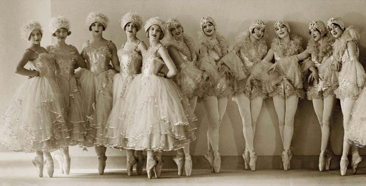 The Albertina Rasch Girls, sixteen ballet dancers, standing on point, wearing white ballet costumes, for the production of Rio Rita, at The New Ziegfeld Theater. Published in Vanity Fair, April 1927 (Photo by Florence Vandamm / Condé Nast / Getty Images)
