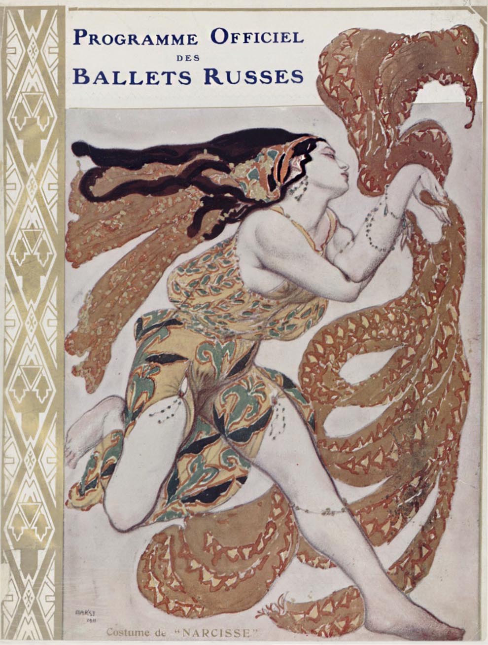 Programme Officiel des Ballets Russes, 1911. Costume de Narcisse, d'après l'aquarelle de León Bakst, 1911. Comœdia Illustré. | src BnF