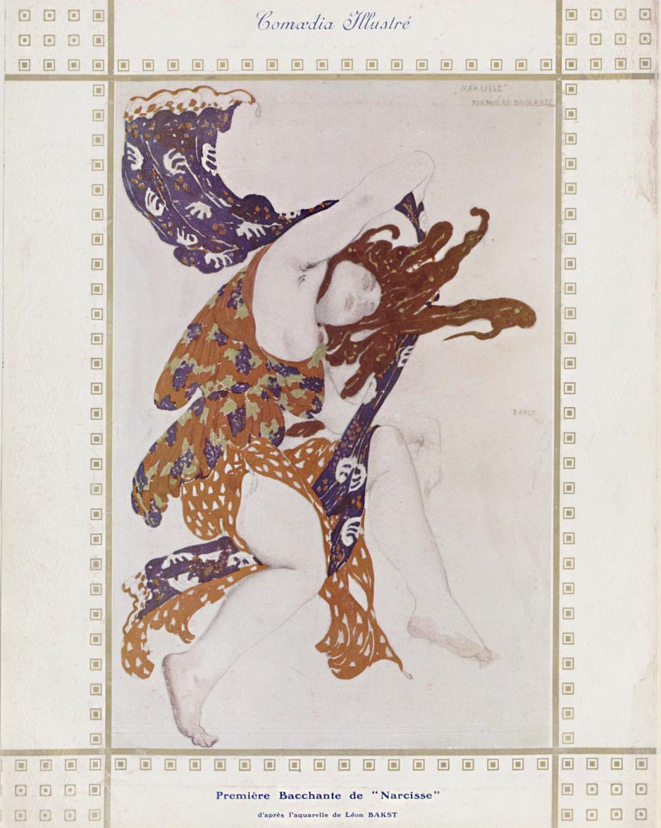 Programme Officiel des Ballets Russes, 1911. Première Bacchante de Narcisse, d'après l'aquarelle de León Bakst, 1911. Comœdia Illustré. | src BnF