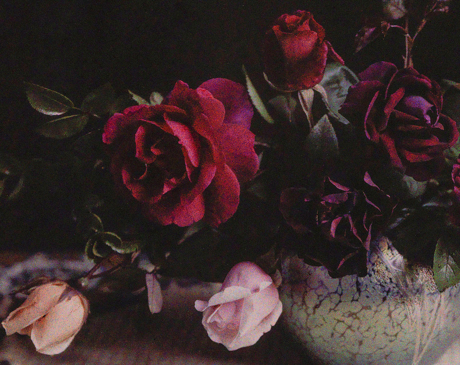 Vaas met rozen, anonymous, ca. 1907 - ca. 1935. Autochrome (Glass 9x12 cm). | src Rijksmuseum | Detail